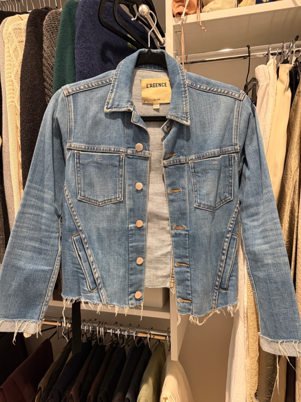 L'AGENCE Light Blue Raw-Hem Denim Jacket